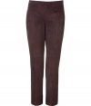Luxurious pants in dark brown leather - From the classy Swiss label Akris - From the finest, particularly soft leather - Elegant, sexy and hot, hot, hot - leather pants, are THE absolute must-have right now - Slim cut, with a high waisted fit and fashionable 7/8 cropped legs with zippers - Two small side pockets, side zipper closure - Wear this smashing piece classic with a blouse, cashmere pullover or blazer or stylish with a chiffon tunic or pearl-colored blouse - and pumps, booties or boots
