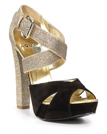 Contrasting glitter and suede straps cross over these bold platform sandals, a show-stopping pairing with your LBD. By Aqua. Contrasting glitter and suede straps cross over these bold platform sandals, a show-stopping pairing with your LBD. By Aqua.