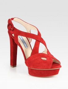Suede criss-cross design with a platform and adjustable ankle strap. Self-covered heel, 5 (125mm)Island platform, 1 (25mm)Compares to a 4 heel (100mm)Suede upperLeather lining and solePadded insoleMade in Italy Suede criss-cross design with a platform and adjustable ankle strap. Self-covered heel, 5 (125mm)Island platform, 1 (25mm)Compares to a 4 heel (100mm)Suede upperLeather lining and solePadded insoleMade in Italy