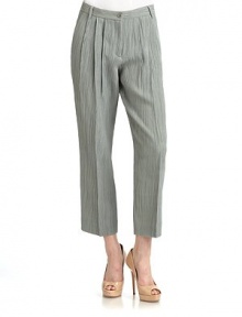 THE LOOKNarrow waistband with belt loops, button closure & interior button tabFront zipperPleated frontSide pocketsBack button patch pocketTHE FITRise, about 10Inseam, about 26THE MATERIAL52% wool/36% silk/12% acrylicCARE & ORIGINDry cleanMade in Italy THE LOOKNarrow waistband with belt loops, button closure & interior button tabFront zipperPleated frontSide pocketsBack button patch pocketTHE FITRise, about 10Inseam, about 26THE MATERIAL52% wool/36% silk/12% acrylicCARE & ORIGINDry cleanMade in Italy