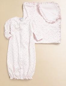 Treat your little one to this playful style in ultra soft cotton knit that converts from a coverall to a baby sack in a snap.Round necklineLong sleevesFront snap closureSnap bottomAllover floral printFeminine scalloped trimLegs have elasticized cuffsPima cottonMachine washImported Please note: Number of snaps may vary depending on size ordered. Treat your little one to this playful style in ultra soft cotton knit that converts from a coverall to a baby sack in a snap.Round necklineLong sleevesFront snap closureSnap bottomAllover floral printFeminine scalloped trimLegs have elasticized cuffsPima cottonMachine washImported Please note: Number of snaps may vary depending on size ordered.