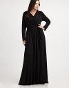 A simply glamorous floor-length dress with a universally flattering wrap design. You will love how the modal fabrication with a touch of stretch complements your curves.Wrap frontLong sleevesPull-on styleSelf-tie beltAbout 63 from natural waist92% modal/8% spandexDry cleanMade in USA