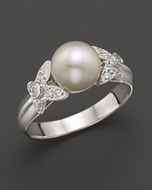 Brilliant diamonds, set in 14K. white gold butterfly accents, frame a gleaming cultured pearl. Brilliant diamonds, set in 14K. white gold butterfly accents, frame a gleaming cultured pearl.