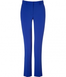 Stylish pants in fine, bright blue wool blend - Truly comfortable, thanks to a touch of stretch - Slim cut flares gently at hem, crease detail accentuates a long, lean silhouette - Tab closure, with zip fly and belt loops - Medium rise, with chic, single white button and contrast white fabric trim at back pocket - Versatile and polished, an indispensable basic - Style with light cashmere pullovers, silk blouses and draped tops Stylish pants in fine, bright blue wool blend - Truly comfortable, thanks to a touch of stretch - Slim cut flares gently at hem, crease detail accentuates a long, lean silhouette - Tab closure, with zip fly and belt loops - Medium rise, with chic, single white button and contrast white fabric trim at back pocket - Versatile and polished, an indispensable basic - Style with light cashmere pullovers, silk blouses and draped tops