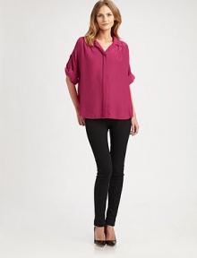 Made from fine matte silk, a brilliant blouse with a concealed button front and boxy fit.Collar neckThree-quarter sleevesConcealed button frontBack yokeAbout 24 from shoulder to hemSilkDry cleanImported Model shown is 5'10 (177cm) wearing US size Small. Made from fine matte silk, a brilliant blouse with a concealed button front and boxy fit.Collar neckThree-quarter sleevesConcealed button frontBack yokeAbout 24 from shoulder to hemSilkDry cleanImported Model shown is 5'10 (177cm) wearing US size Small.