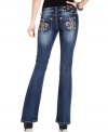 Embroidered Fleur de Lis with rhinestones add glam to these Miss Me bootcut jeans -- perfect for hot everyday style!