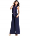 A scarf tie at the neck adds polkadot pop to this sophisticated, palazzo pants jumpsuit from Baby Phat!
