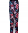 Stylish horizon teal floral silk pants from Marc by Marc Jacobs - A subdued floral print and tuxedo details add unique flair to these quirky pants -Long, lean silhouette, all-over floral print with black stripe down side seam, back slit pockets - Pair with a cashmere pullover, a blazer, and heels
