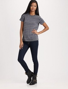 Comfy, timeless cotton-blend crewneck in allover skinny stripes. CrewneckShort sleeves87% polyester/13% cottonMachineImported Comfy, timeless cotton-blend crewneck in allover skinny stripes. CrewneckShort sleeves87% polyester/13% cottonMachineImported