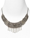 Rock the casbah with this engraved statement necklace from Vanessa Mooney. Crafted of silver plate with hanging beads, it's a perfect way to take this season's exotic influences to your jewel box.