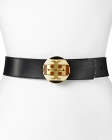 Tory Burch lends every look a polished finish with this leather belt, accented by a bold logo buckle. Tory Burch lends every look a polished finish with this leather belt, accented by a bold logo buckle.