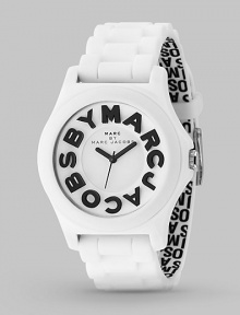 A sporty timepiece with logo details and silicone strap.Quartz movement Water resistant to 3 ATM Round stainless steel case, 40mm, (1.57) Black dial Logo hour markers along outer concave ring Second hand Silicone strap with interior jumbled logo print, 20mm, (.78) Buckle closure Imported A sporty timepiece with logo details and silicone strap.Quartz movement Water resistant to 3 ATM Round stainless steel case, 40mm, (1.57) Black dial Logo hour markers along outer concave ring Second hand Silicone strap with interior jumbled logo print, 20mm, (.78) Buckle closure Imported