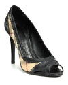 Menswear inspired leather trim lends a forward feel to a classic pair of check printed Burberry pumps.