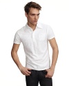 Lightweight short sleeve slub jersey polo shirt with snap pocket at chest.