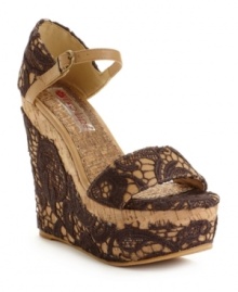 What girl doesn't love her lace? Two Lips transforms the Bamboo wedge sandals by layering them with boudoir-inspired beauty. What girl doesn't love her lace? Two Lips transforms the Bamboo wedge sandals by layering them with boudoir-inspired beauty.