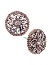 Complete your whole look with a pair of sparkling studs. Perfect for day or night, these 2028 earrings feature a unique, filigree, silver and rose gold tone mixed metal setting with a round-cut crystal center stone. Approximate diameter: 3/4 inch. Complete your whole look with a pair of sparkling studs. Perfect for day or night, these 2028 earrings feature a unique, filigree, silver and rose gold tone mixed metal setting with a round-cut crystal center stone. Approximate diameter: 3/4 inch.
