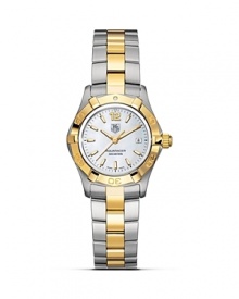TAG Heuer's Aquaracer series is the reference professional diving watch. Water resistant to 300M, with a white mother-of-pearl dial and a steel and 18K gold bracelet. TAG Heuer's Aquaracer series is the reference professional diving watch. Water resistant to 300M, with a white mother-of-pearl dial and a steel and 18K gold bracelet.