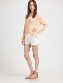 Bright white denim, finished in your favorite cut-off silhouette for a sexy, leg-baring fit.THE FITFittedRise, about 8Inseam, about 3THE DETAILSZip flyFive-pocket style98% cotton/2% elastaneMachine washMade in USA of Italian fabricModel shown is 5'9 (175cm) wearing US size 4. Bright white denim, finished in your favorite cut-off silhouette for a sexy, leg-baring fit.THE FITFittedRise, about 8Inseam, about 3THE DETAILSZip flyFive-pocket style98% cotton/2% elastaneMachine washMade in USA of Italian fabricModel shown is 5'9 (175cm) wearing US size 4.