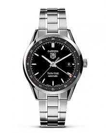A legendary chronograph. The Carrera Panamericana was an epic race that was started in the 1950s and attracted many of the leading drivers of the time. Juan Manuel Fangio, the famous Argentinian driver who was Formula 1 World Champion five times, won the race in 1953. To pay tribute to this unique adventure, in 1963 TAG Heuer launched the Carrera Chronograph that combined refinement with the spirit of sport. With black dial and a polished steel bezel. Features a twin time/date window. A legendary chronograph. The Carrera Panamericana was an epic race that was started in the 1950s and attracted many of the leading drivers of the time. Juan Manuel Fangio, the famous Argentinian driver who was Formula 1 World Champion five times, won the race in 1953. To pay tribute to this unique adventure, in 1963 TAG Heuer launched the Carrera Chronograph that combined refinement with the spirit of sport. With black dial and a polished steel bezel. Features a twin time/date window.