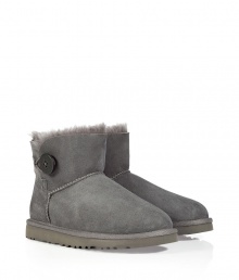 A stylish twist on a venerable classic, the UGG Australia grey Mini Bailey Button boot is a welcome addition to your cold weather casual wardrobe - Crafted from twin-faced sheepskin and featuring exposed seams, reinforced heel, traction outsole and signature Ugg label - Wooden button and elastic band closure - Fleece-lined for superior warmth and comfort - Newer, ankle-length height - Truly versatile, perfect for pairing with everything from skinny jeans to yoga pants to miniskirts A stylish twist on a venerable classic, the UGG Australia grey Mini Bailey Button boot is a welcome addition to your cold weather casual wardrobe - Crafted from twin-faced sheepskin and featuring exposed seams, reinforced heel, traction outsole and signature Ugg label - Wooden button and elastic band closure - Fleece-lined for superior warmth and comfort - Newer, ankle-length height - Truly versatile, perfect for pairing with everything from skinny jeans to yoga pants to miniskirts