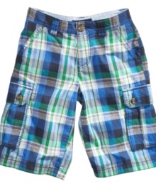 Sharpen up his summer style with a pair of plaid cargo shorts from Tommy Hilfiger. Sharpen up his summer style with a pair of plaid cargo shorts from Tommy Hilfiger.