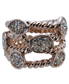A sophisticated twist. Along with its distinctive twist silhouette, T Tahari's Essentials Collection ring is adorned with sparkling clear crystals in a bezel setting. Crafted in rose gold tone mixed metal, it's nickel-free for sensitive skin. Size 7. A sophisticated twist. Along with its distinctive twist silhouette, T Tahari's Essentials Collection ring is adorned with sparkling clear crystals in a bezel setting. Crafted in rose gold tone mixed metal, it's nickel-free for sensitive skin. Size 7.