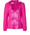 Spectacularly chic and retro-inspired, this shocking pink top from Anna Sui adds a stylish impact to every look - Pleated Peter Pan collar, long puff sleeves with gathered cuffs, decorative pintuck-detailed front, slim fit, concealed back zip closure - Style with skinny jeans, cropped trousers, or a pencil skirt