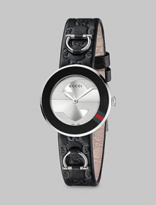 From the U-Play Collection. A Gucci-striped bezel, classic horsebits, and logo-embossed leather strap come together in one sophisticated timepiece.Swiss quartz movement Water resistant to 3 ATM Black bezel with stripes at 4 o'clock Round stainless steel case, 27mm, (1.06) Silver dial Anti-reflective coating Guccissima leather strap Ardilion closure Made in Switzerland From the U-Play Collection. A Gucci-striped bezel, classic horsebits, and logo-embossed leather strap come together in one sophisticated timepiece.Swiss quartz movement Water resistant to 3 ATM Black bezel with stripes at 4 o'clock Round stainless steel case, 27mm, (1.06) Silver dial Anti-reflective coating Guccissima leather strap Ardilion closure Made in Switzerland