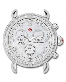 100 sparkling diamonds surround this polished stainless steel watch head. The mother-of-pearl chronograph dial has the day of the week displayed at the 6 hour marker. Fits with any 18 mm Michele strap. 100 sparkling diamonds surround this polished stainless steel watch head. The mother-of-pearl chronograph dial has the day of the week displayed at the 6 hour marker. Fits with any 18 mm Michele strap.