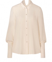 Super stylish off-white sheer bishop sleeve blouse from Theyskens Theory - With a sculptural drape and dramatic sleeves, this blouse will add of-the-moment appeal to your look - Button-up style with small collar and dramatic bishop-style sleeves -Style with leather-paneled leggings and platforms Super stylish off-white sheer bishop sleeve blouse from Theyskens Theory - With a sculptural drape and dramatic sleeves, this blouse will add of-the-moment appeal to your look - Button-up style with small collar and dramatic bishop-style sleeves -Style with leather-paneled leggings and platforms