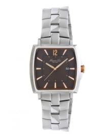 Classic style evocative of a bygone era from Kenneth Cole New York. Stainless steel bracelet and square stainless steel case with rose-gold accent. Brown and rose-gold tone dial with stick indices, numeral at twelve o'clock, date window at three o'clock and logo at twelve o'clock. Quartz movement. Water resistant to 30 meters. Limited lifetime warranty. Classic style evocative of a bygone era from Kenneth Cole New York. Stainless steel bracelet and square stainless steel case with rose-gold accent. Brown and rose-gold tone dial with stick indices, numeral at twelve o'clock, date window at three o'clock and logo at twelve o'clock. Quartz movement. Water resistant to 30 meters. Limited lifetime warranty.