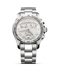 Known for a military-inspired approach to design, Victorinox's classic silver-faced chronograph is a stealthy-sleek timepiece. Wear it to trim citified looks. Known for a military-inspired approach to design, Victorinox's classic silver-faced chronograph is a stealthy-sleek timepiece. Wear it to trim citified looks.