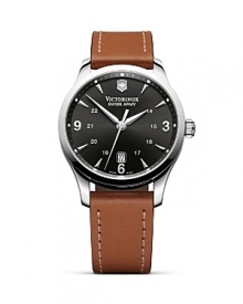 Brown leather meets a bold black dial on Victorinox's classically styled chronograph. With a convenient date window, this sleek watch is as easy to wear as it is smart. Brown leather meets a bold black dial on Victorinox's classically styled chronograph. With a convenient date window, this sleek watch is as easy to wear as it is smart.