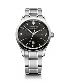 Put a sleek, utilitarian spin on your day-to-day looks with this stainless steel watch from Victorinox Swiss Army, boasting a matte black dial and luminous hands. It's classic round face give it a timeless feel, backed up by precision analog quartz movement. Put a sleek, utilitarian spin on your day-to-day looks with this stainless steel watch from Victorinox Swiss Army, boasting a matte black dial and luminous hands. It's classic round face give it a timeless feel, backed up by precision analog quartz movement.