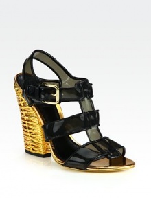Modern design with smokey PVC straps and chunky, foil-wrapped heel.Wrapped heel, 4½ (115mm) Leather-trimmed PVC upperOpen toeBuckled ankle strapLeather lining and solePadded insoleMade in ItalyOUR FIT MODEL RECOMMENDS ordering one half size up as this style runs small. Modern design with smokey PVC straps and chunky, foil-wrapped heel.Wrapped heel, 4½ (115mm) Leather-trimmed PVC upperOpen toeBuckled ankle strapLeather lining and solePadded insoleMade in ItalyOUR FIT MODEL RECOMMENDS ordering one half size up as this style runs small.