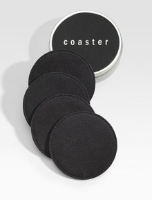 Simple yet refined, these entertaining essentials are made of French calfskin with protective, non-skid backing. Available Personalized or Plain. 4 diameter Tucked in tin canister with leather top Made in USA Simple yet refined, these entertaining essentials are made of French calfskin with protective, non-skid backing. Available Personalized or Plain. 4 diameter Tucked in tin canister with leather top Made in USA