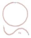 Pretty and pink. This sophisticated matching jewelry set features a necklace, earrings and bracelet with pink cultured freshwater pearls (6-7 mm) and sparkling diamond accents. Set in sterling silver. Approximate length: 18 inches. Approximate bracelet length: 7-1/2 inches. Approximate stud diameter: 1/4 inch.