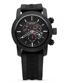 For the active minded person. Three eye chronograph from Burberry with a textured black bezel and a black logo strap. Sweep second hand. For the active minded person. Three eye chronograph from Burberry with a textured black bezel and a black logo strap. Sweep second hand.