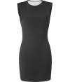 Luxurious cocktail dress in fine black rayon synthetic fiber blend - super simple yet totally intricate cut wit delicate details which shape a world class silhouette - short crew neck and accentuated shoulders - no sleeves - sharply waist fitted, breathtakingly short mini skirt - a hit for the red carpet moments in life - pair with silver or gold strappy heels or gladiator booties