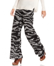 With leopard-patterned zebra stripes, these Kensie palazzo pants are wide and relaxed as a stylish '90s throwback -- pair it with a slouchy shirt for a fashion-forward look! With leopard-patterned zebra stripes, these Kensie palazzo pants are wide and relaxed as a stylish '90s throwback -- pair it with a slouchy shirt for a fashion-forward look!