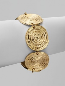 Textured discs of goldplating create a look that's at once exotic and modern.Pewter and brass Length, about 7½ Ring and toggle closure Made in USA Textured discs of goldplating create a look that's at once exotic and modern.Pewter and brass Length, about 7½ Ring and toggle closure Made in USA