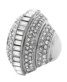 Glitter and glamour. A dazzling array of baguette and pave crystals adorn this chic cocktail ring from Vince Camuto. Crafted in silver tone mixed metal, it's sure to make a stunning statement for your next night on the town. Size 7. Glitter and glamour. A dazzling array of baguette and pave crystals adorn this chic cocktail ring from Vince Camuto. Crafted in silver tone mixed metal, it's sure to make a stunning statement for your next night on the town. Size 7.