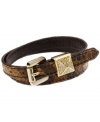 Fierce fashion. Michael Kors puts the wild back in your wardrobe with this sultry, snake-printed brown leather wrap bracelet. Buckle crafted in gold tone mixed metal with sparkling Czech crystal accents. Approximate  length: 16 inches. Approximate width: 1/4 inch.