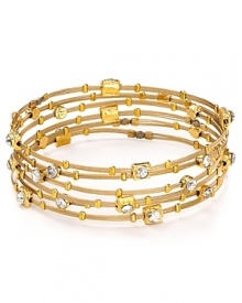 The Seasonal Whispers girl loves to stack the brand's beautifully eclectic bracelets. This set is studded with Swarovski crystal stations and gold tone inserts, creating a cool textured statement. The Seasonal Whispers girl loves to stack the brand's beautifully eclectic bracelets. This set is studded with Swarovski crystal stations and gold tone inserts, creating a cool textured statement.