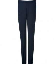 Exquisitely tailored with a flawless slim fit, Jil Sanders navy stretch wool trousers are a wardrobe staple guaranteed to give your look a seamlessly sophisticated edge - Side and buttoned back slit pockets, hidden hook closure, belt loops, flat front - Contemporary slim fit - Wear with an immaculately cut shirt and matching slim fit blazer Exquisitely tailored with a flawless slim fit, Jil Sanders navy stretch wool trousers are a wardrobe staple guaranteed to give your look a seamlessly sophisticated edge - Side and buttoned back slit pockets, hidden hook closure, belt loops, flat front - Contemporary slim fit - Wear with an immaculately cut shirt and matching slim fit blazer