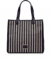 Stylish bag made ​.​.of fine, navy blue and white striped synthetic fiber - Translucent straw-look is relaxed but sophisticated - Fashionable tote shape is spacious, trendy and deceptively roomy - Features two short, leather carrying handles - Perfect bag for everyday errands, business or study