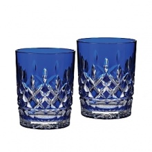 These grand Waterford old fashioned glasses update the dazzling crosshatch Lismore pattern in regal cobalt and clear crystal. These grand Waterford old fashioned glasses update the dazzling crosshatch Lismore pattern in regal cobalt and clear crystal.