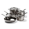 Featuring a commercial grade triple layer construction with an aluminum core that eliminates scorching and hot spots, this set of cookware brings a full complement to your modern kitchen. Perfect for every skill level. Includes a 2-qt. saucepan with lid, 4-qt. saucepan with lid, 9.5 fry pan, 3-qt. saute pan with lid and 7.5-qt. stockpot with lid.