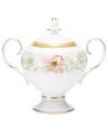 East meets West in the ornate Blooming Splendor sugar bowl by Noritake. A Japanese-inspired pattern with raised dots pairs with intricate florals rooted in white bone china.