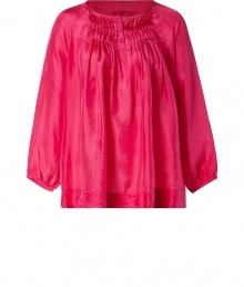 A billowy silhouette and flattering gathering details bring this retro-inspired silk top of-the-moment relevance - Round neck, three-quarter balloon sleeves, front button half placket, decorative pleating at neckline and back yoke, gathering at bust, A-line silhouette - Wear with skinny jeans or flared denim and platform heels A billowy silhouette and flattering gathering details bring this retro-inspired silk top of-the-moment relevance - Round neck, three-quarter balloon sleeves, front button half placket, decorative pleating at neckline and back yoke, gathering at bust, A-line silhouette - Wear with skinny jeans or flared denim and platform heels